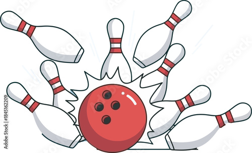 A red bowling ball strikes the pins in a dynamic, fun cartoon style, illustrating a perfect strike. Ideal vector graphic for sports, recreation, leisure, and entertainment themes with a vintage vibe.