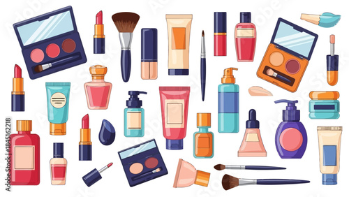 Collection of Diverse Makeup and Cosmetics Products Isolated on White