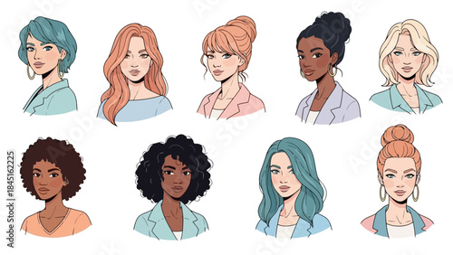 Diverse Collection of Women Portraits in Business Attire, Modern Vector Art