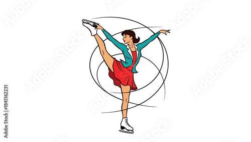 Stylized Vector Illustration of a Female Figure Skater Performing an Artistic Pose on Ice