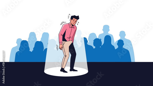Nervous man in spotlight feeling anxious and stressed in front of a crowd