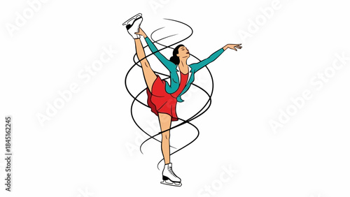 Graceful Female Figure Skater Performing an Upright Spin with Swirling Lines