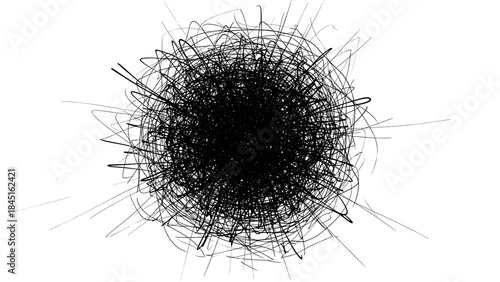 Abstract Black Scrawled Energy Burst on White Background - Dynamic Chaotic Graphic
