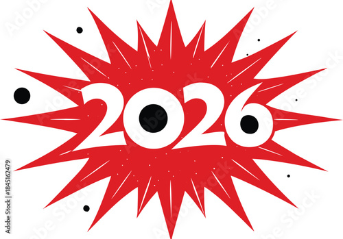 Abstract circular bursts forming the outline of 2026, colorful geometric shapes, festive modern design, futuristic patterns, digital art illustration, isolated on white background.