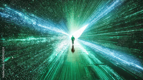 Man walking toward light silhouette tunnel digital glowing futuristic