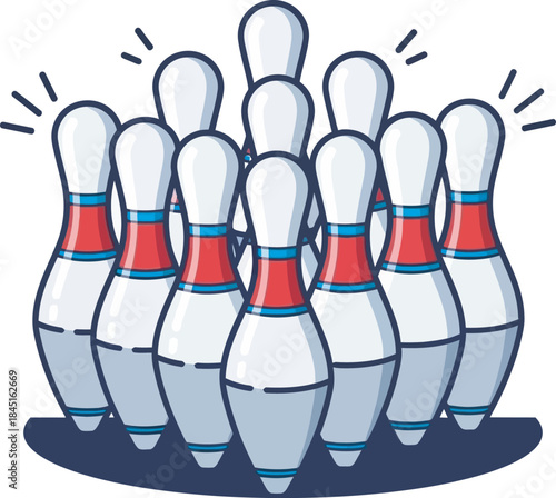 A set of perfectly aligned bowling pins with bright, stylized glow effects, rendered in a clean vector style. Excellent for use in sports graphics, competitive gaming themes, or promotional materials.