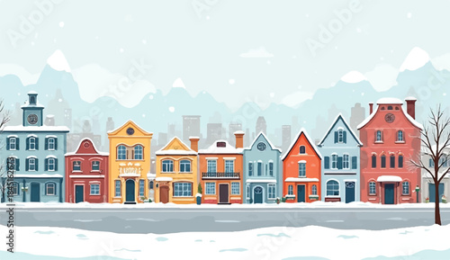 Town panorama with houses in snow, decorated for holiday. European cityscape panorama. Flat vector illustration, Snowy  night in cozy town city panorama. Winter village holiday landscape