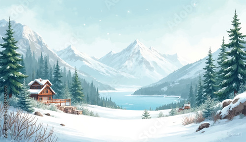 Pound in center of snowy landscape,Frozen winter landscape with mountains, forest, and ice-covered lake or river for ice skating. Beautiful wild nature in snowy weather.