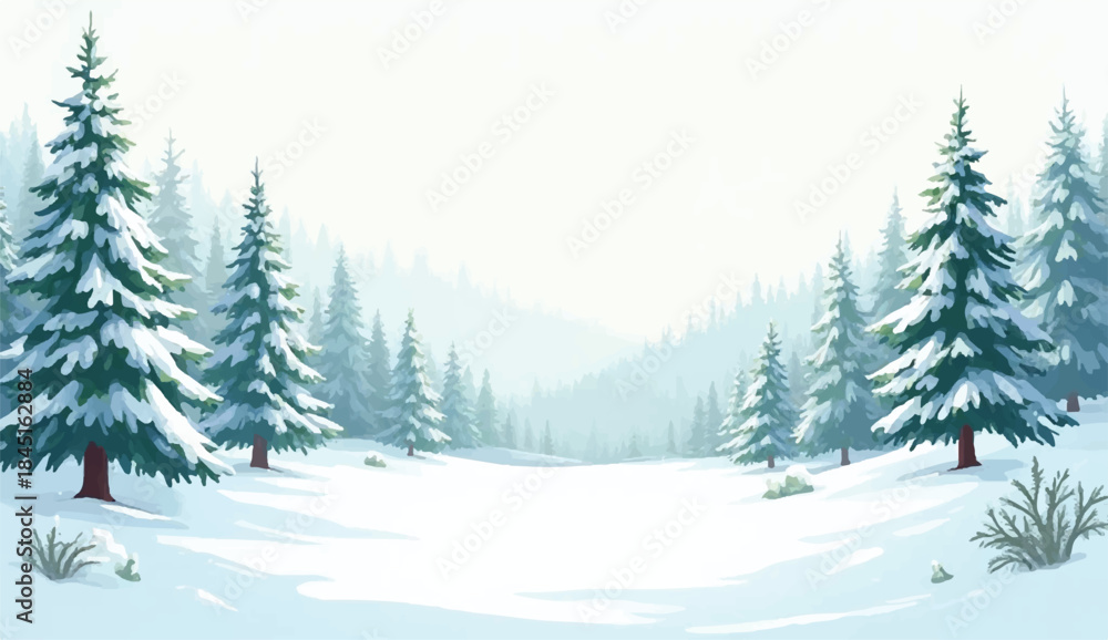 Obraz premium Snowy winter landscpae surrounded by icy mountains and spine trees,Landscape of a winter snowy day. Beautiful vector illustration of winter natural landscape for design.