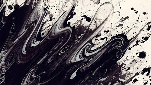 Abstract black and white swirling paint effect with dynamic lines and patterns