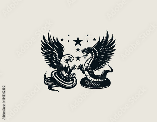Epic eagle versus king cobra confrontation is presented as a bold black vector logo illustration