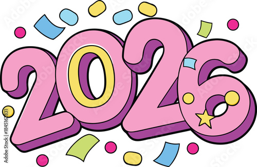 Tiny geometric confetti scattered around bold 2026 on clean white background, modern minimal New Year celebration design with abstract festive shapes, stylish typography, and elegant contemporary