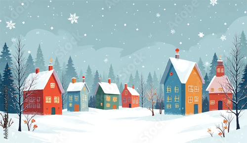 Winter snowy landscape with wooden cabins surrounded by pine trees and mountains in minimalist flat vector style with soft watercolor effect, Majestic Snow-Capped Mountains, Rolling Hills