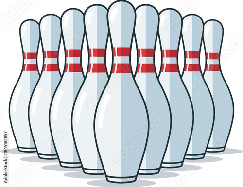 A classic, detailed vector illustration featuring a full rack of nine white bowling pins with traditional red stripes, perfectly set up in a triangle formation. Ideal for traditional sports graphics.
