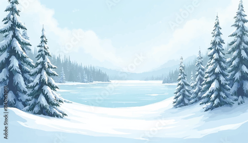 Pound in center of snowy landscape,Frozen winter landscape with mountains, forest, and ice-covered lake or river for ice skating. Beautiful wild nature in snowy weather.