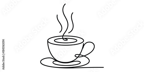 Continuous line drawing of steaming coffee cup Vector, illustration