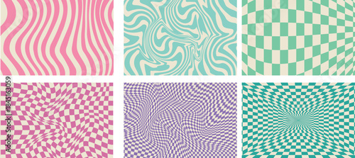 Retro psychedelic patterns wavy stripes checkerboard optical illusion backgrounds vibrant groovy abstract design set