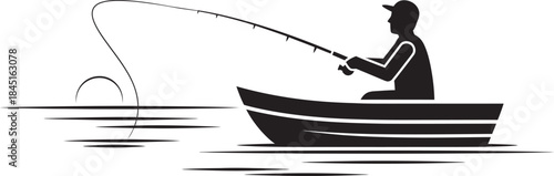 Black silhouette vector icon of a lone fisherman in a small boat, actively casting a fishing rod on the water. Ideal graphic for outdoor, nature, sport, hobby, and angling themes.