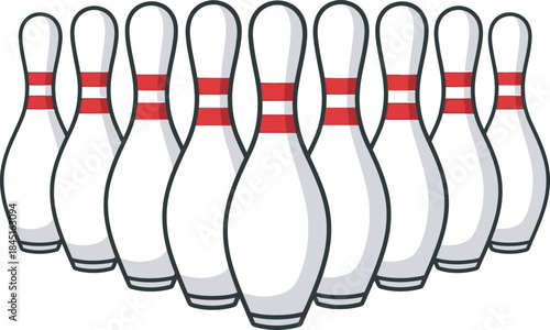 Classic bowling pins vector illustration: Nine white wooden pins with red stripe details arranged in a triangle formation. Perfect for sports, recreation, games, and entertainment design projects.
