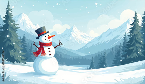 3D cute snowman illustration on snowy landscape background,Seamless pattern Winter Background, snowman standing infront of giant mointains, winter environmet with tress
