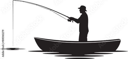 A striking black silhouette vector of a person standing in a small boat, actively fishing with a line cast into the water. Great for outdoor, adventure, hobby, and marine-themed designs and branding.