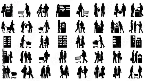Comprehensive collection of graphic silhouette icons depicting diverse consumer shopping and marketplace interactions CAD style