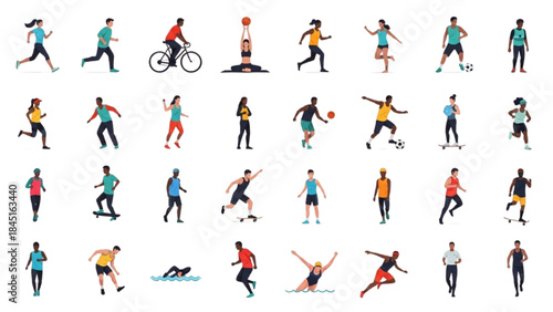 Dynamic collection of active individuals engaged in various sports and fitness activities, promoting healthy living and athletic pursuits