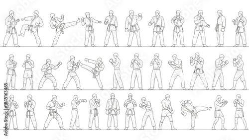 Detailed illustrations of various karate martial arts poses and dynamic combat stances for training and practice