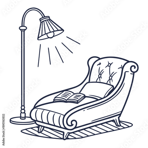 Chaise lounge with open book under a floor lamp chair