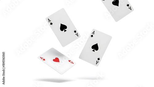 Four aces playing cards falling through the air against a white background
