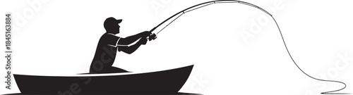 Silhouette of a lone fisherman in a small boat, actively casting or reeling in a fish. Ideal vector graphic for outdoor sports, hobby, recreation, and fishing-related businesses or apparel designs.
