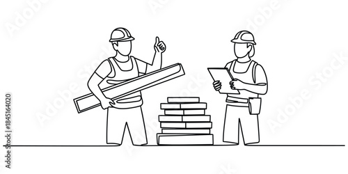 Continuous line drawing of construction workers Vector, illustration