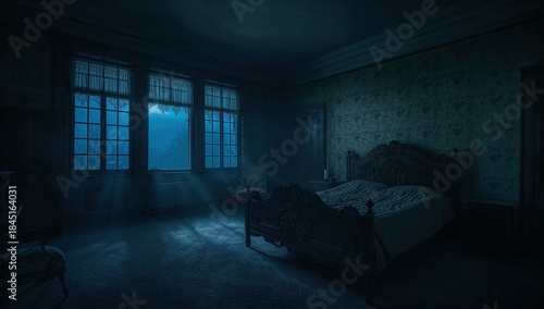 Shadowy bedroom scene at night with bed and window light, suitable for atmospheric themes