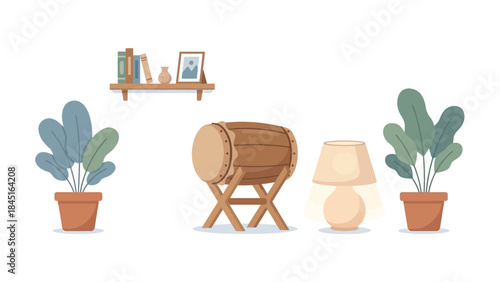 Create a cozy, inviting home with this charming interior decor arrangement, featuring a traditional drum and lush potted plants, perfect for lifestyle blogs