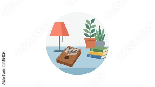 Cozy illustration of kalimba, books, and plants under a warm lamp light perfect for study guides, music blogs, or relaxation apps