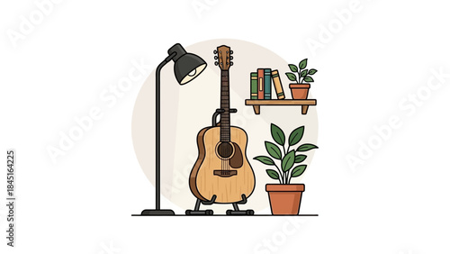 Acoustic guitar in cozy room scene ready for music lessons and creative projects, inspiring a warm and inviting atmosphere for learning and relaxation