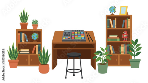 Creative home studio setup with modern drum machine and stylish decor, perfect for music production and artistic inspiration in a vibrant space