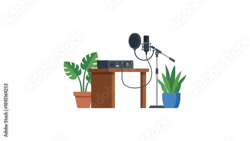 Set up your recording studio with a sleek microphone and vibrant plants, ready to create engaging podcasts or music in your home studio space