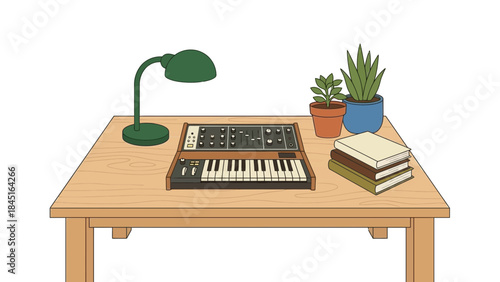 Creative workspace with synthesizer, potted plants, and books for music production and artistic inspiration in a cozy, modern setting.
