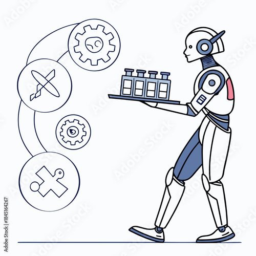 Robot carrying tray of vials with gears and symbols android automation
