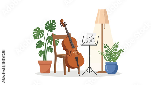 Cello resting on chair in cozy room with plants and sheet music, creating a warm and inviting atmosphere for music lovers and creative inspiration