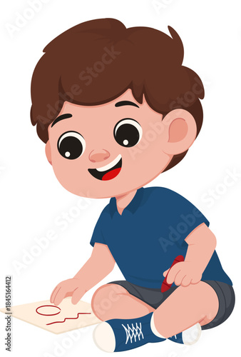 Illustration of Boy Drawing on Paper