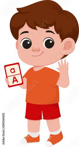 Illustration of Boy Holding Letter A Flashcard
