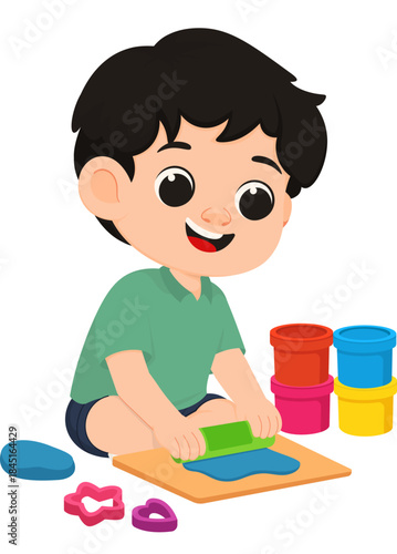Illustration of Boy Playing with Modeling Clay