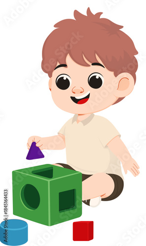Cartoon Boy Playing with Shape Sorter Toy
