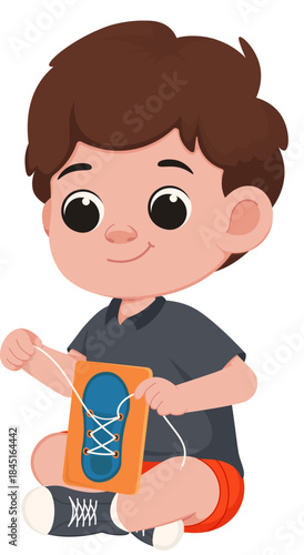 Illustration of Boy Learning to Tie Shoelaces