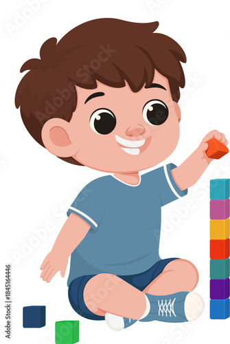 Illustration of Boy Playing with Building Blocks