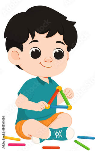 Illustration of Boy Building Toy Triangle
