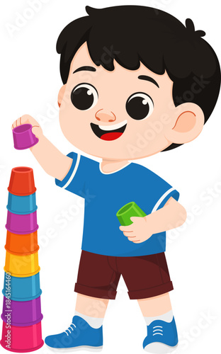 Cartoon Boy Stacking Colorful Cups