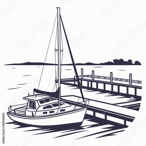 Sailboat Moored at a Wooden Pier with Distant Shoreline yacht dock